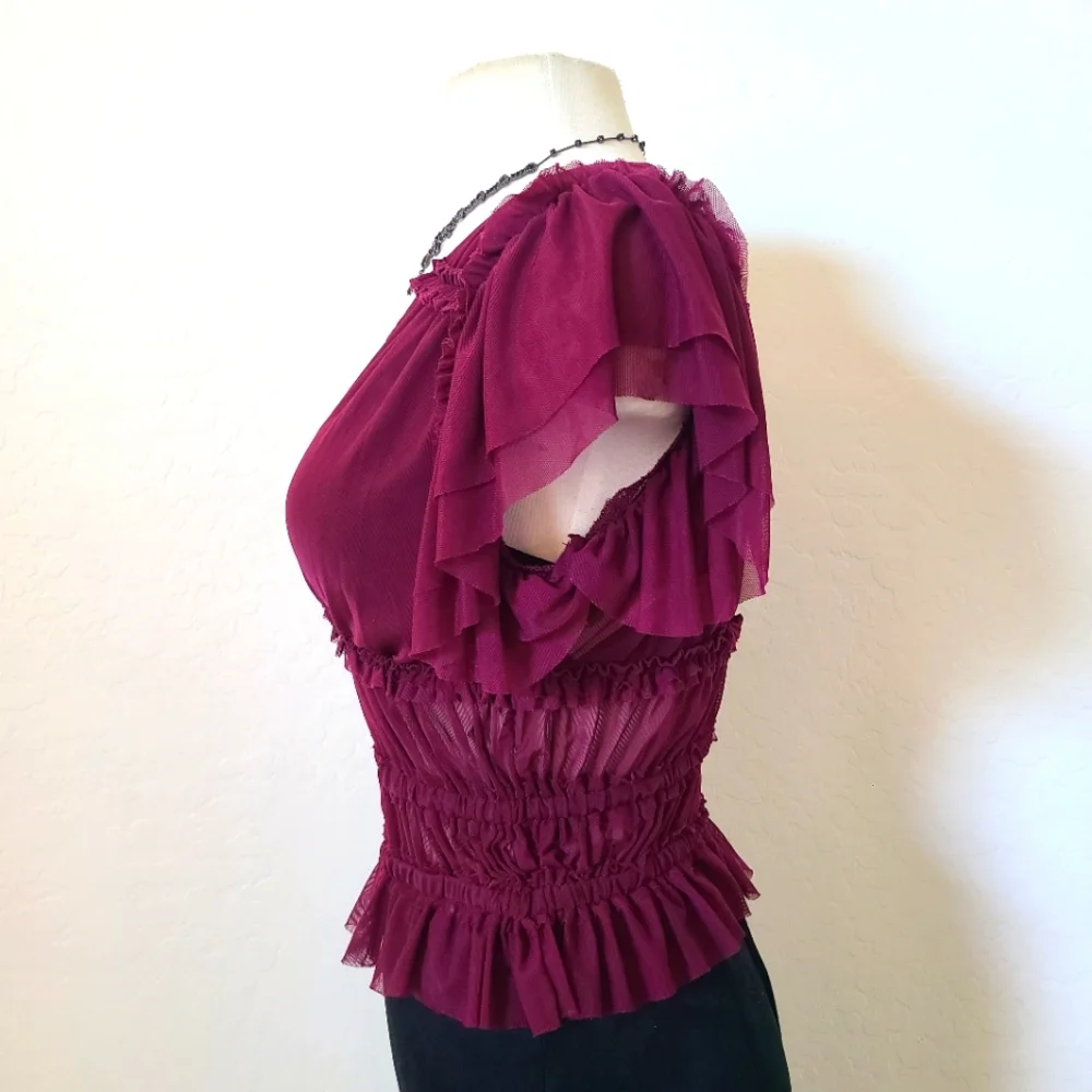 💜2 for 25$ Purple/Maroon Sheer Crop Top Blouse With Ruffles NWT,  Boho, Bold - Picture 5 of 7